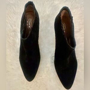COACH Dovelyn Booties Black Suede Tortoise Spike Heel Pull On Shoes Womens 9B